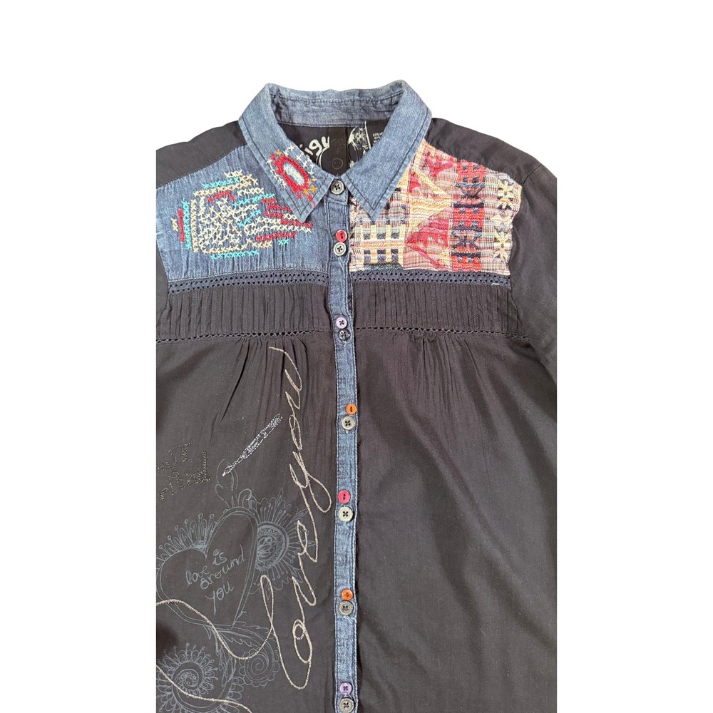 Desigual Black Embroidered Patchwork Boho Button … - image 1